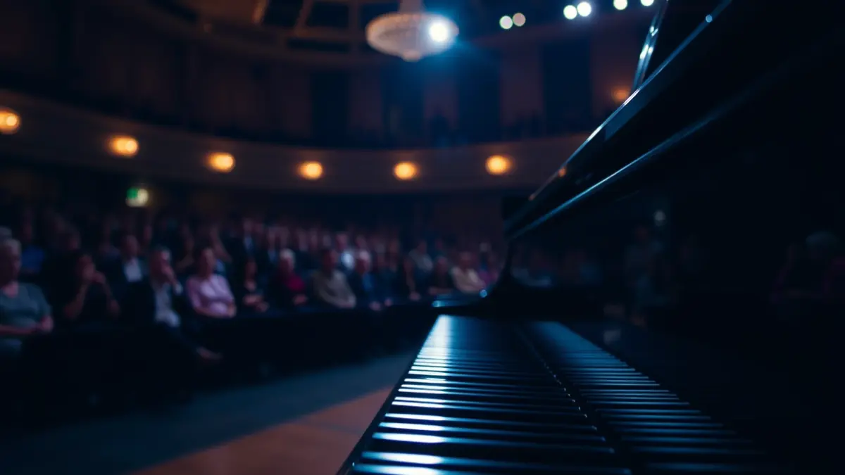 Generic image of a piano keyboard on a concert stage.