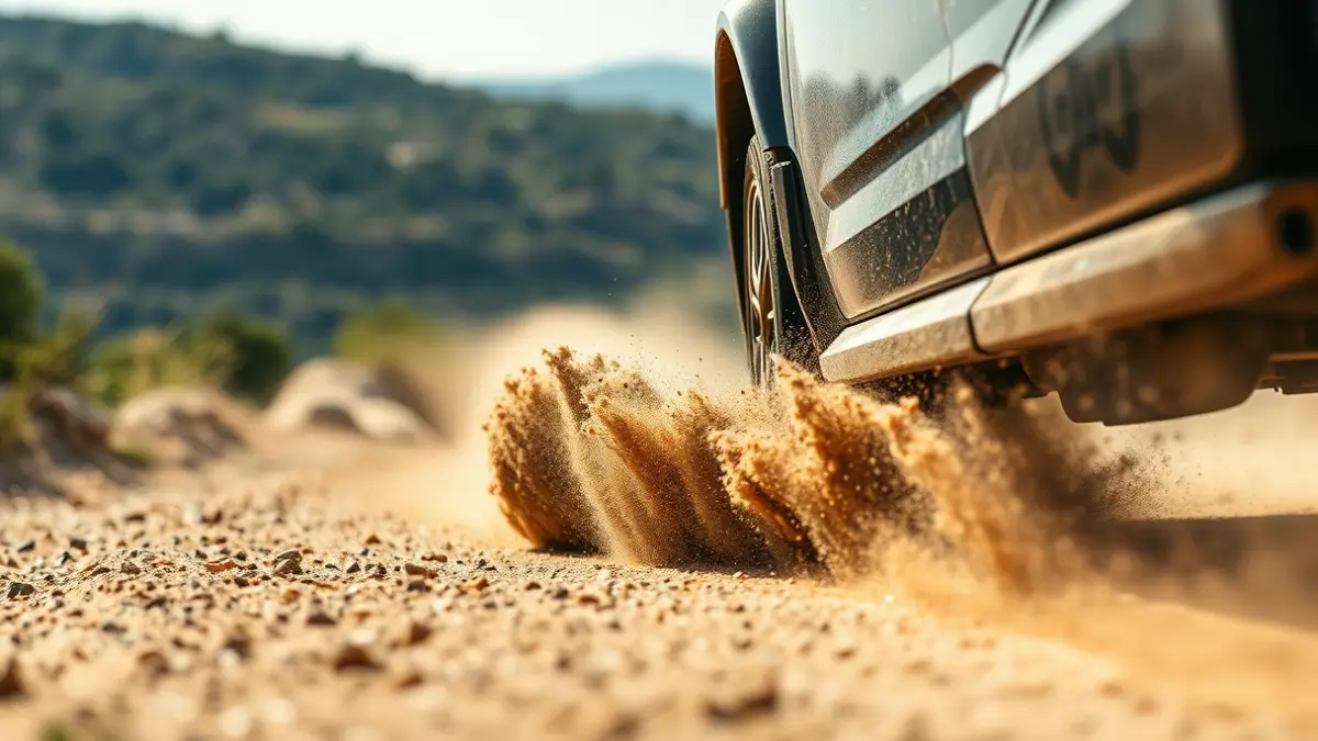 Imagen genérica de un coche de rally en acción, levantando polvo en una pista de tierra.