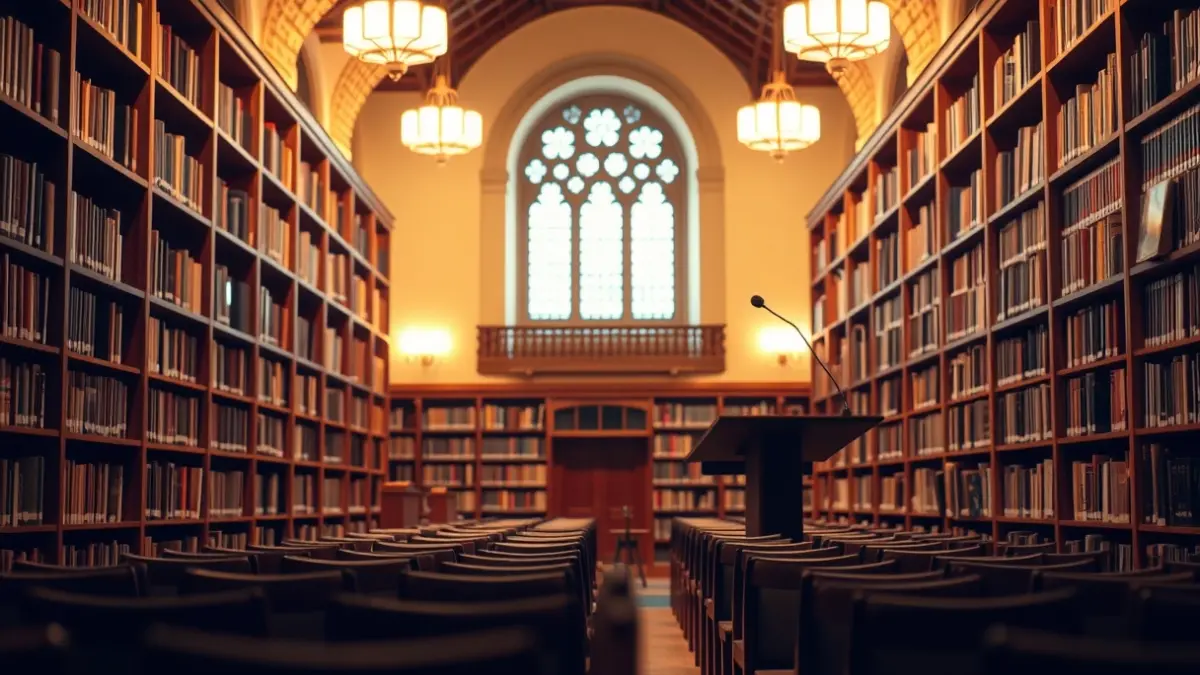 Imagen genérica de una biblioteca con un micrófono, simbolizando la cultura y los podcasts.