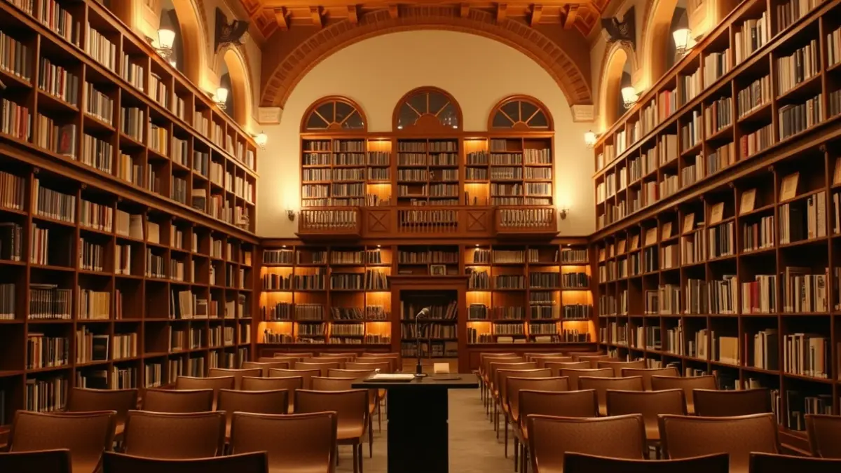 Imagen genérica de un aula o biblioteca con un micrófono, simbolizando la educación y la cultura.