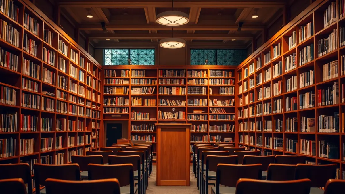 Imagen genérica de un interior de biblioteca con estanterías de madera y un podio con micrófono, con una atmósfera de lectura acogedora.