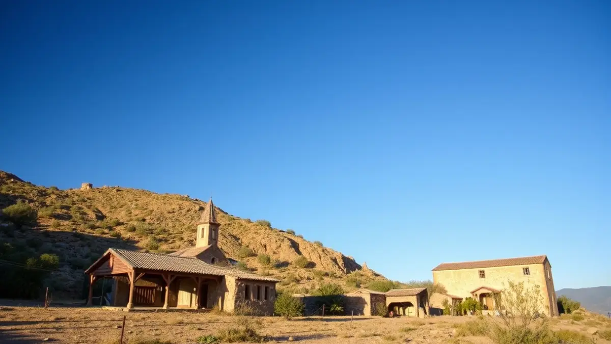 Vista del antiguo poblado minero de Las Menas de Serón en Almería, con su ermita de estilo centroeuropeo.