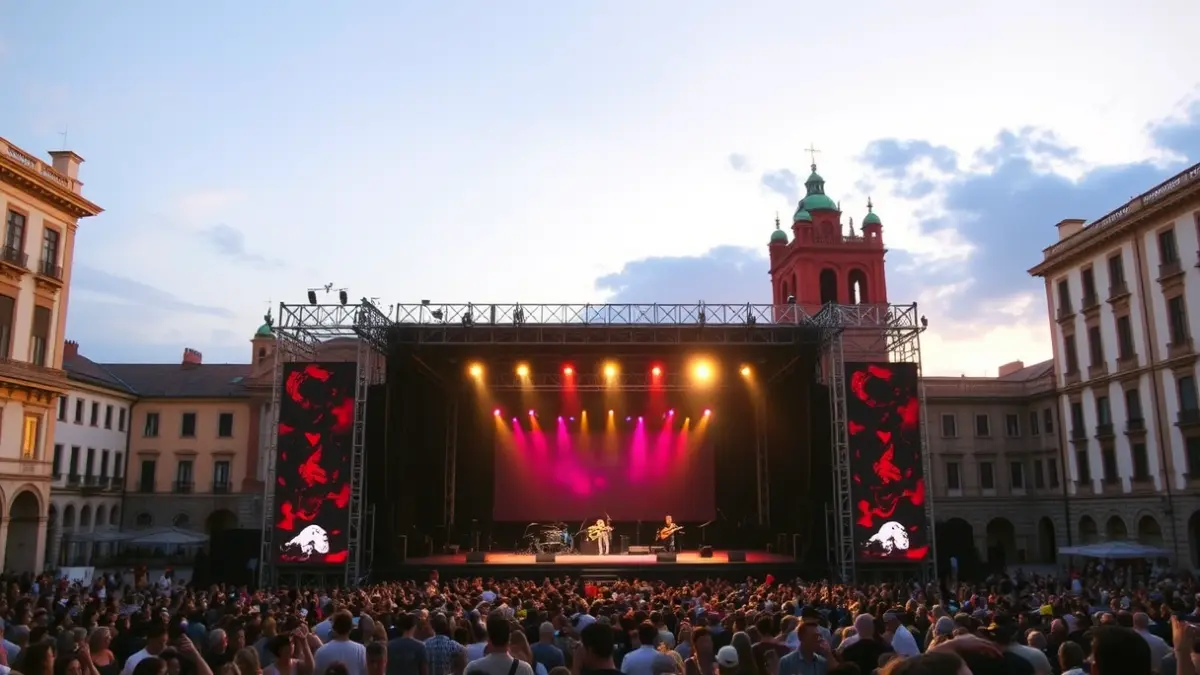 Imagen genérica de un escenario de concierto en una plaza histórica al atardecer.