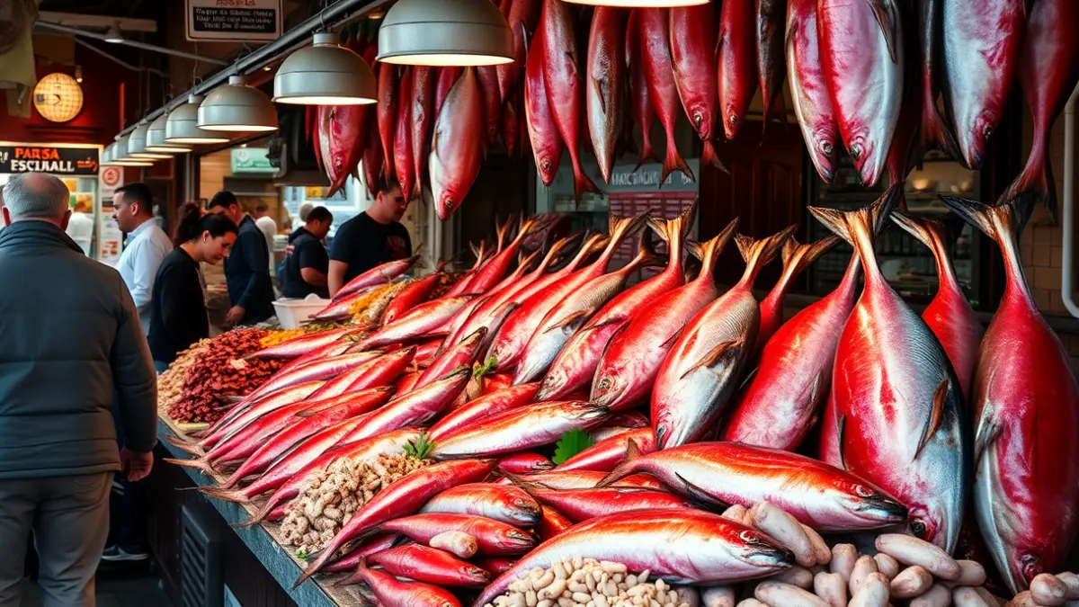 Puesto de mercado con atún rojo y mariscos frescos en un mercado tradicional andaluz.