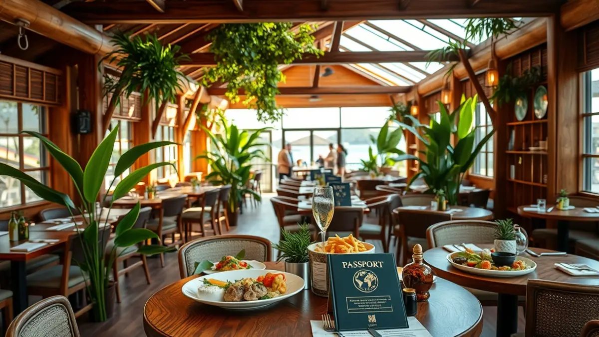 Interior de un restaurante con decoración de madera y plantas, ofreciendo un ambiente relajante y platos internacionales.