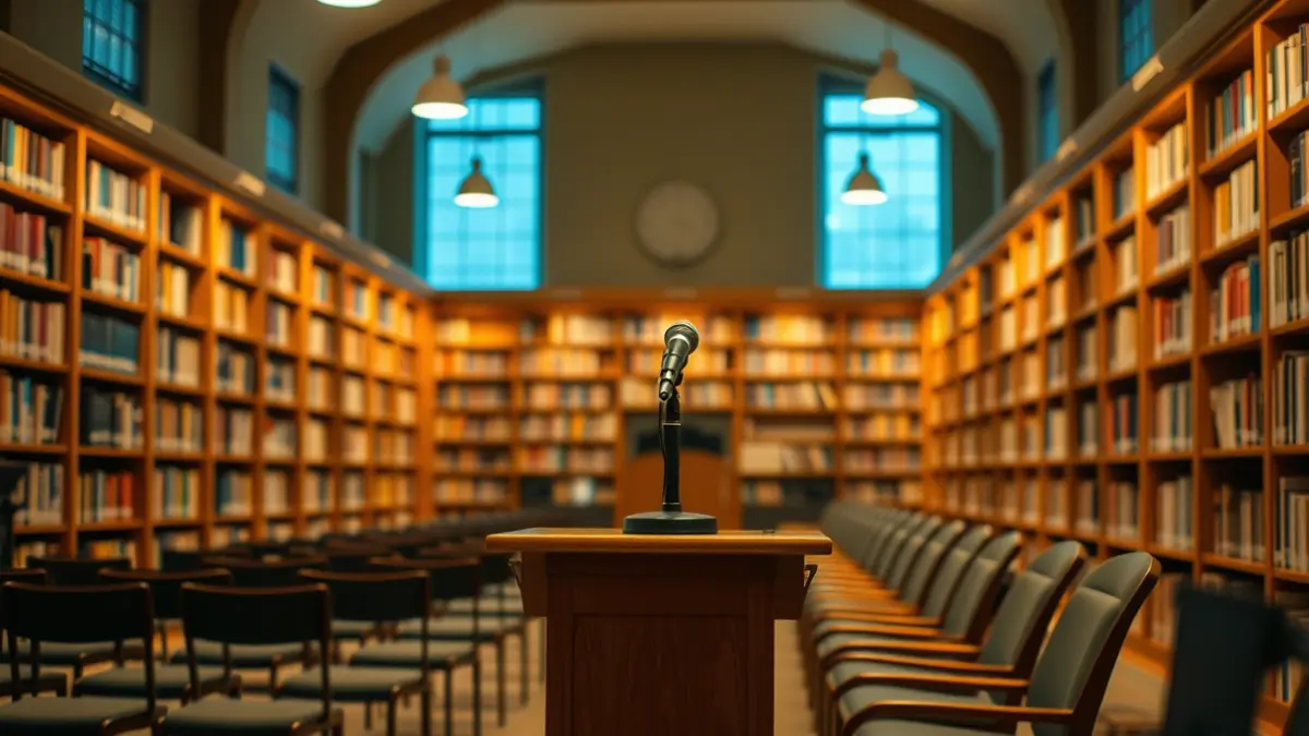 Generic image of a podium with a microphone in a reading room or library, with bookshelves in the background.