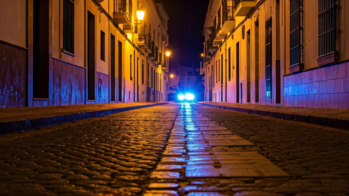 Imagen genérica de luces de emergencia reflejadas en el asfalto mojado en una calle andaluza.
