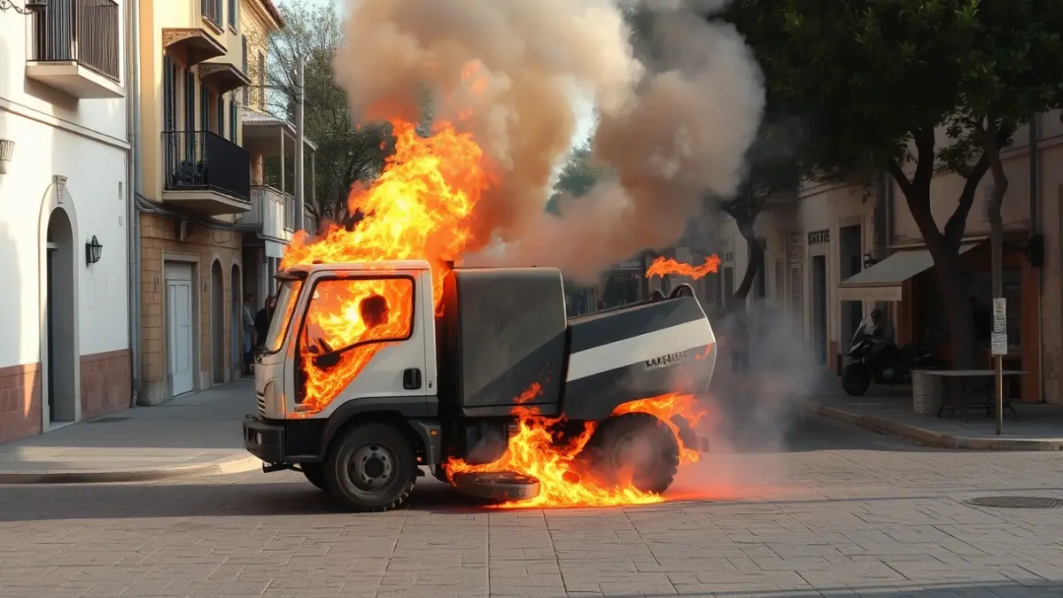 Street sweeper machine on fire in a street in Valverde del Camino.