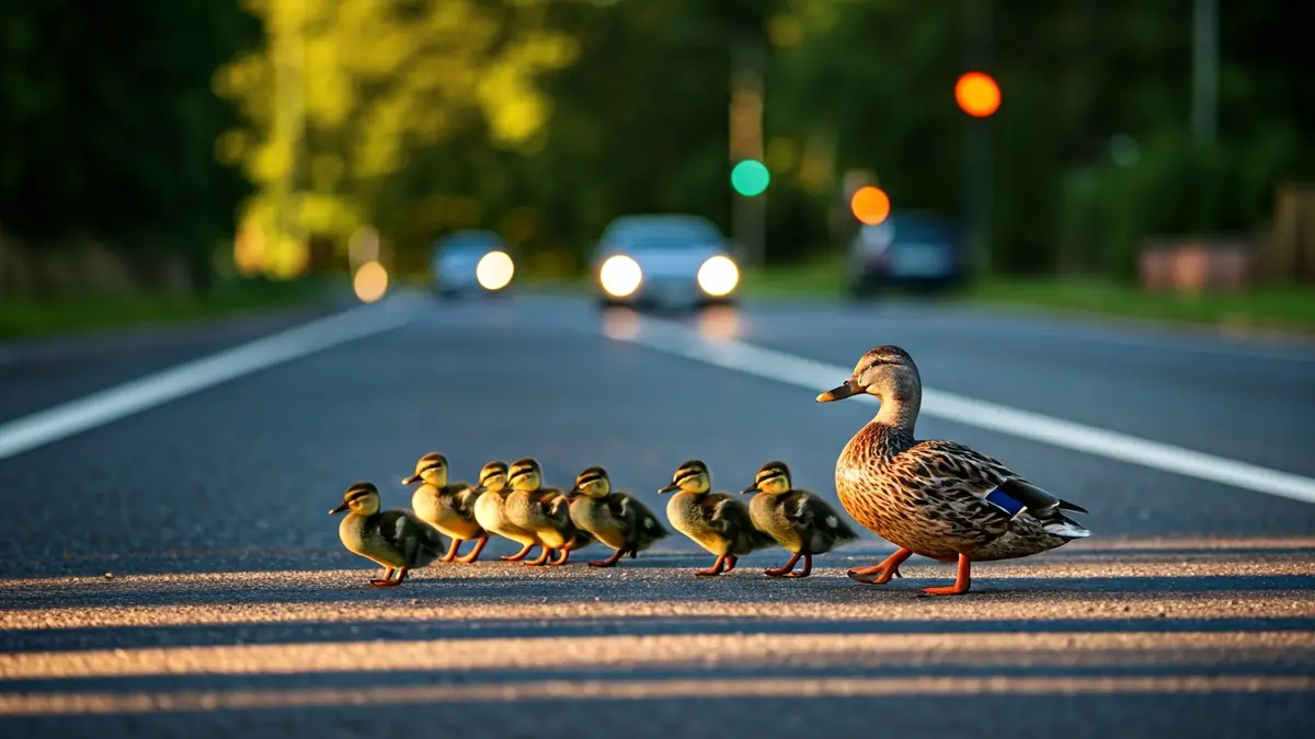 Familia de patos cruzando una carretera en Matalascañas, Almonte.