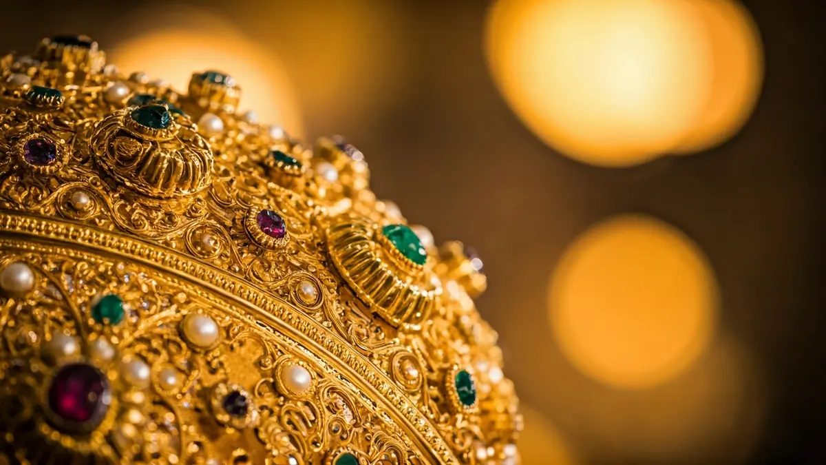 Detalle de un rostrillo de oro y piedras preciosas para una imagen religiosa.