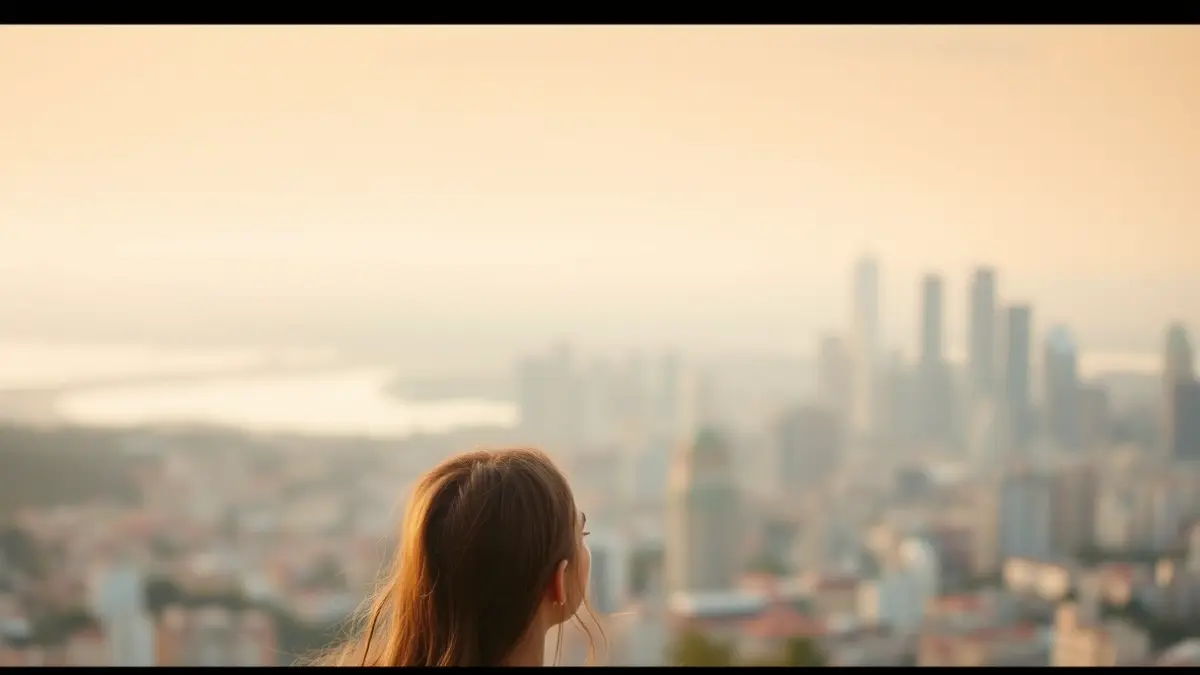 Imagen genérica de una joven mirando un horizonte urbano, simbolizando nuevas oportunidades y la vida en el extranjero.