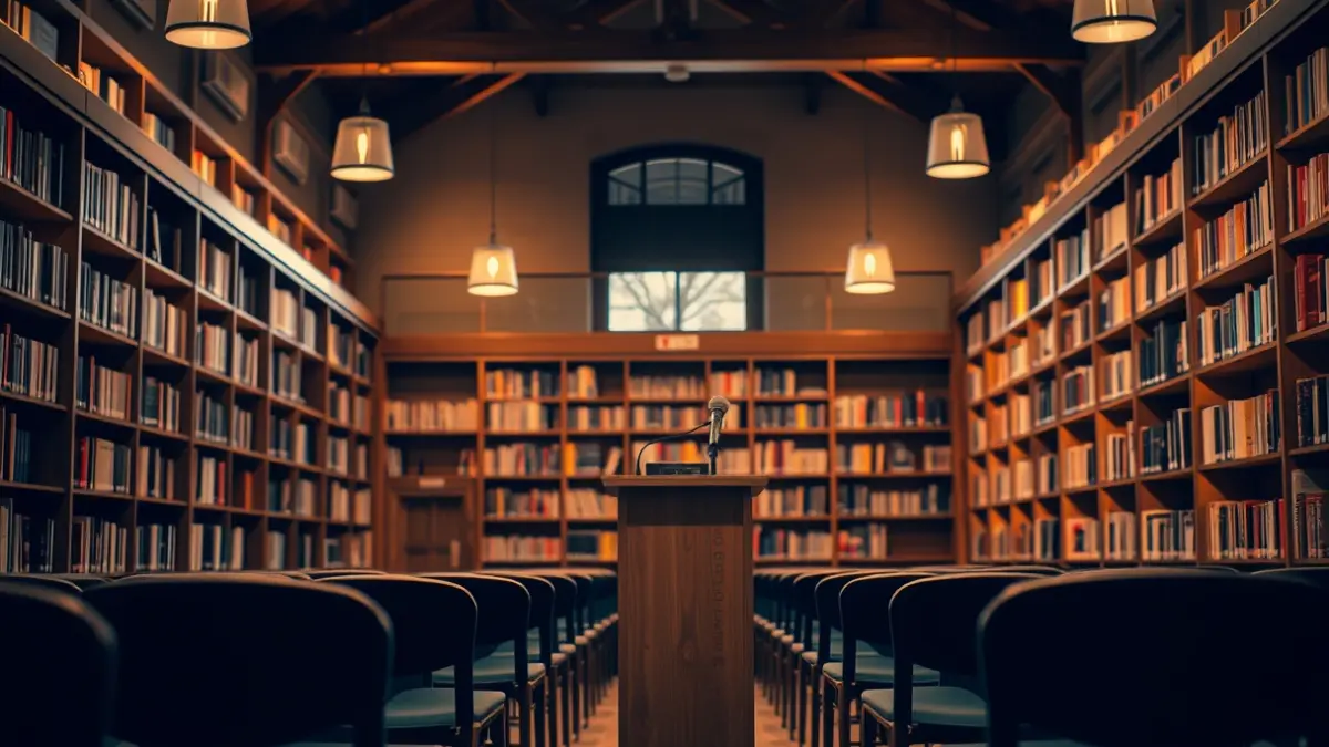 Imagen genérica de un interior de biblioteca con estanterías de madera y un podio con micrófono, representando un evento cultural.