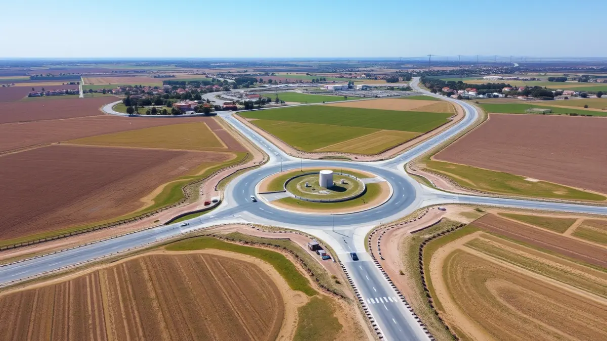 Imagen aérea de una rotonda recién construida en un entorno rural de Almería.