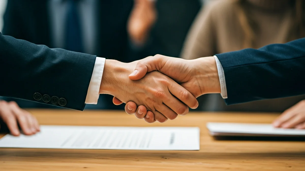 Generic image of a handshake over a desk, symbolizing an agreement.
