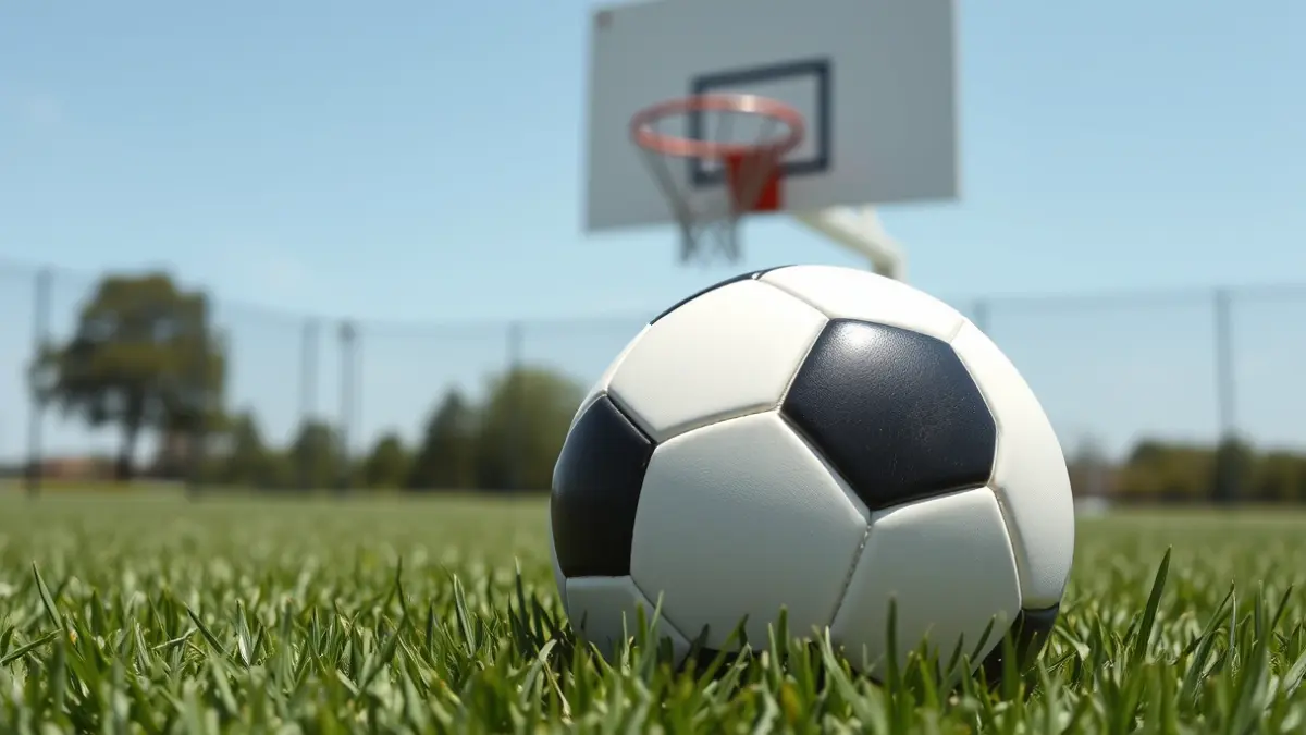 Imagen genérica de un balón de fútbol en el césped y una canasta de baloncesto al fondo, simbolizando la unión de dos deportes.