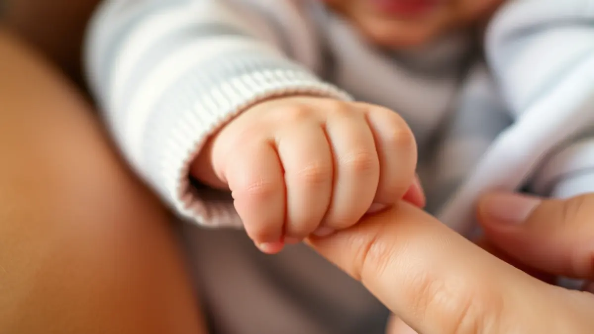 Generic image of a baby's hand holding an adult's finger, symbolizing birth and family.
