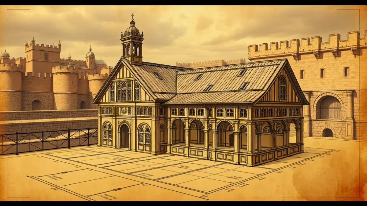 Imagen de un plano arquitectónico detallado de un edificio histórico, con murallas antiguas al fondo.