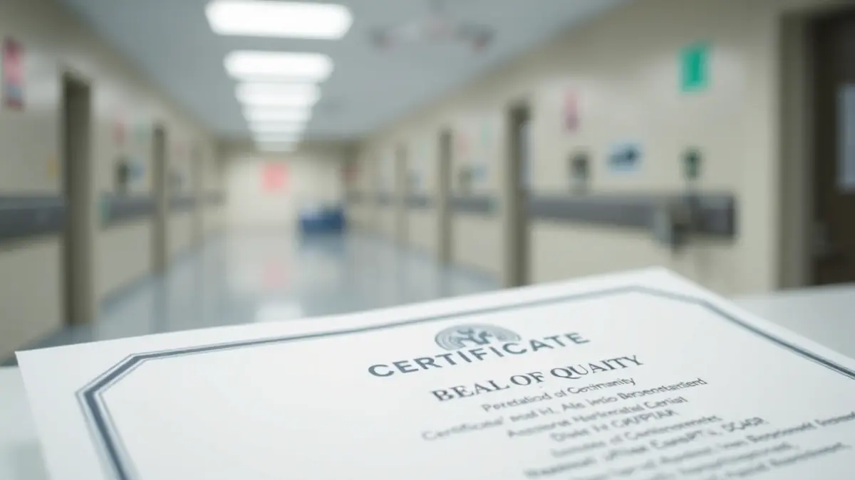 Imagen genérica de un certificado de calidad médica con un fondo de hospital borroso.