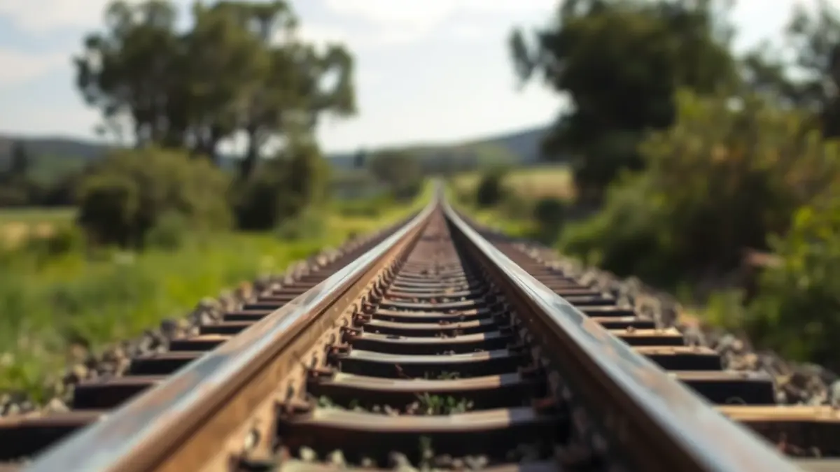 Old train tracks in an Andalusian rural landscape, symbolizing the Huelva-Zafra line.