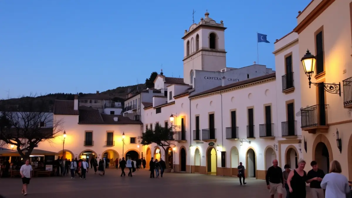 Imagen genérica de una plaza de pueblo andaluz al atardecer, con luces cálidas y ambiente festivo.