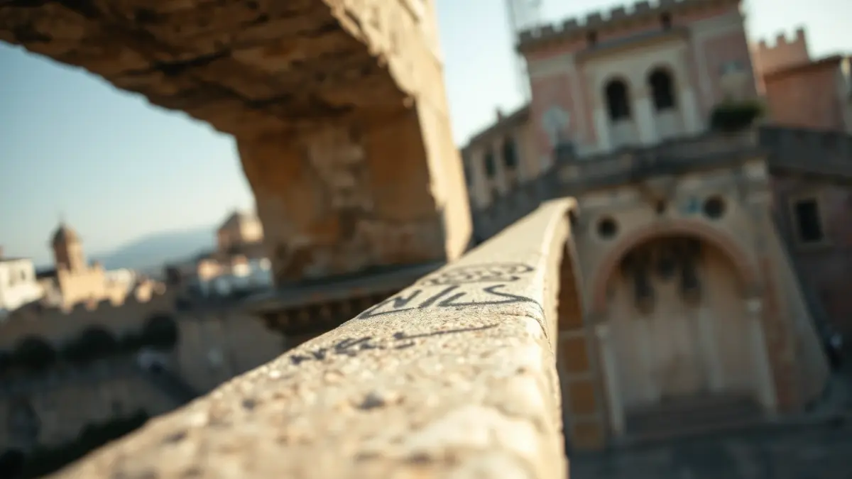 Pintadas en el pretil de un puente de piedra antiguo bajo el sol andaluz.
