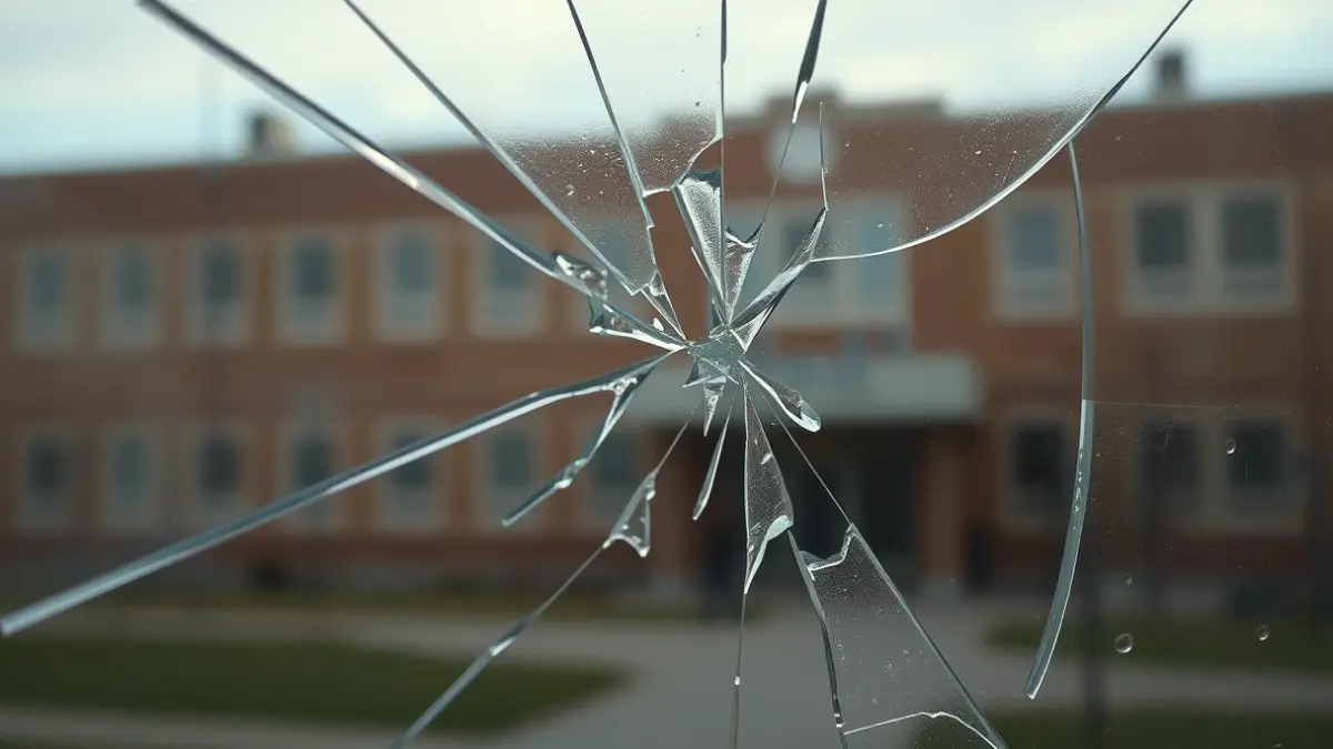 Cristales rotos en la ventana de un colegio