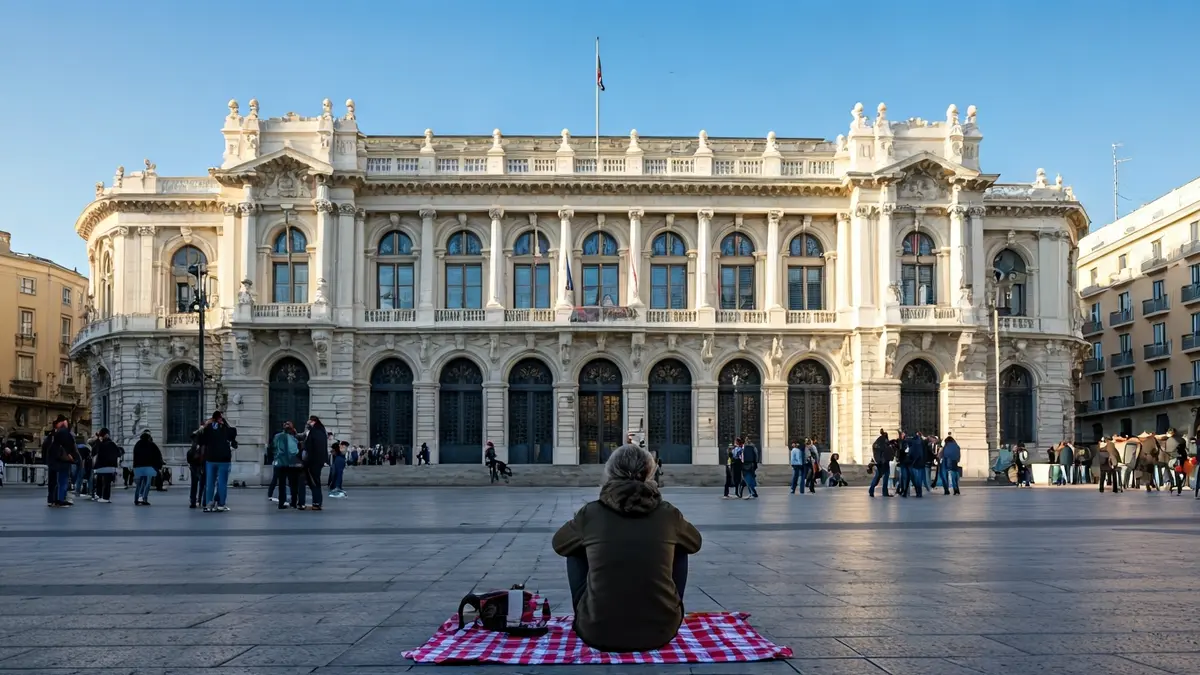 Imagen de una persona acampada frente a un ayuntamiento en señal de protesta.