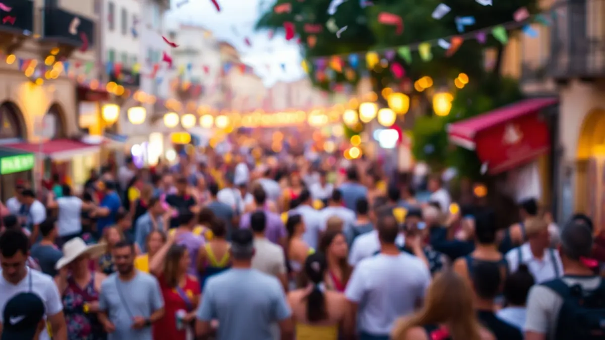 Imagen genérica de una calle festiva con luces y confeti, evocando un ambiente de feria.