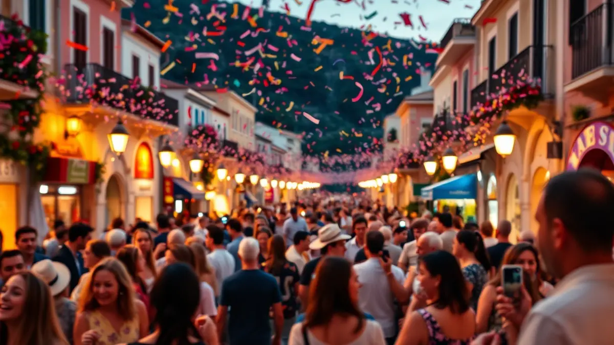 Imagen de una celebración comunitaria en un pueblo andaluz, con gente y confeti.