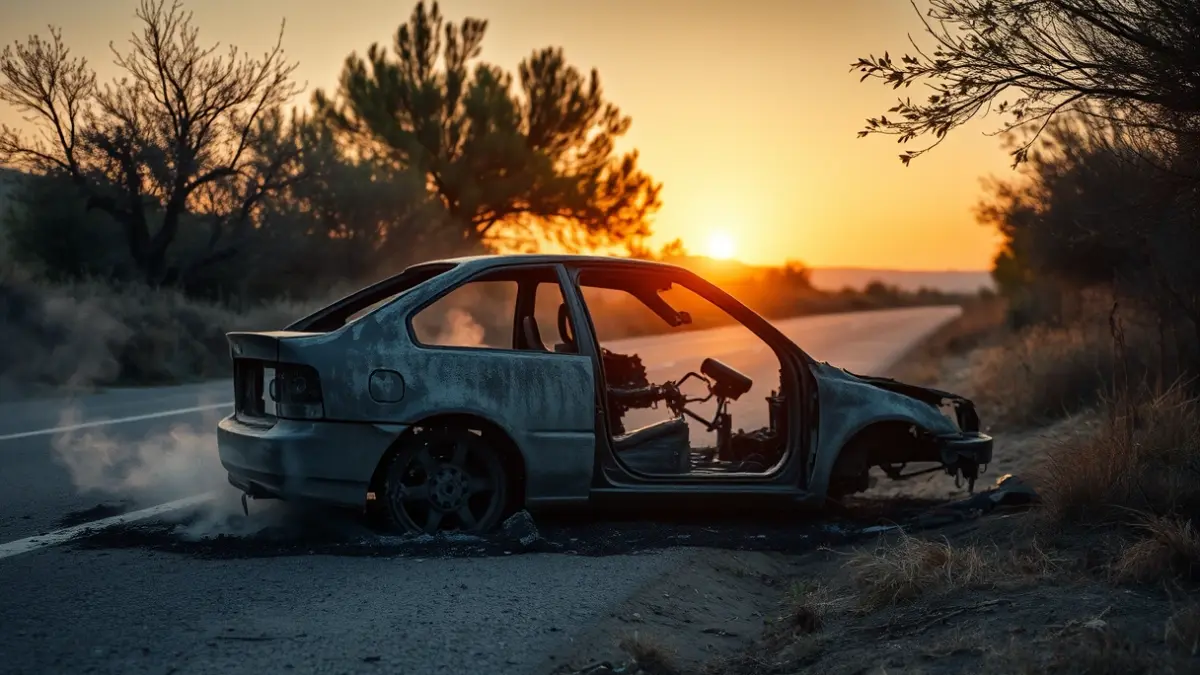 Charred remains of a vehicle on a rural road at dawn.