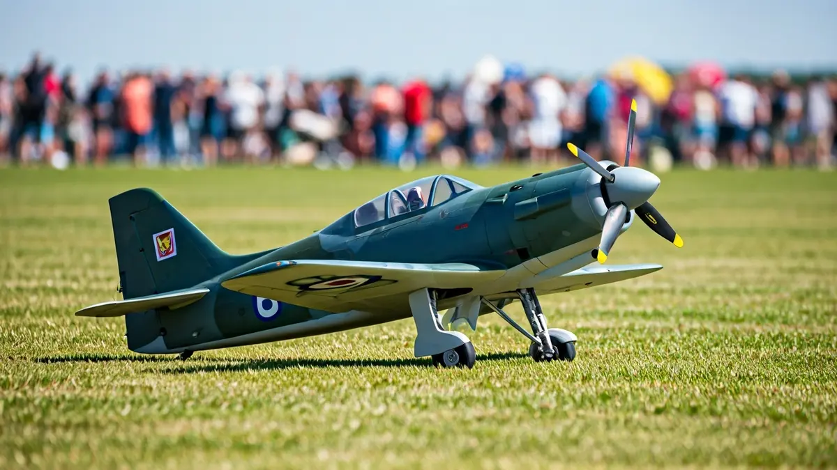 Imagen de un aeromodelo detallado en un campo de aviación, con otros modelos y público difuminados al fondo.