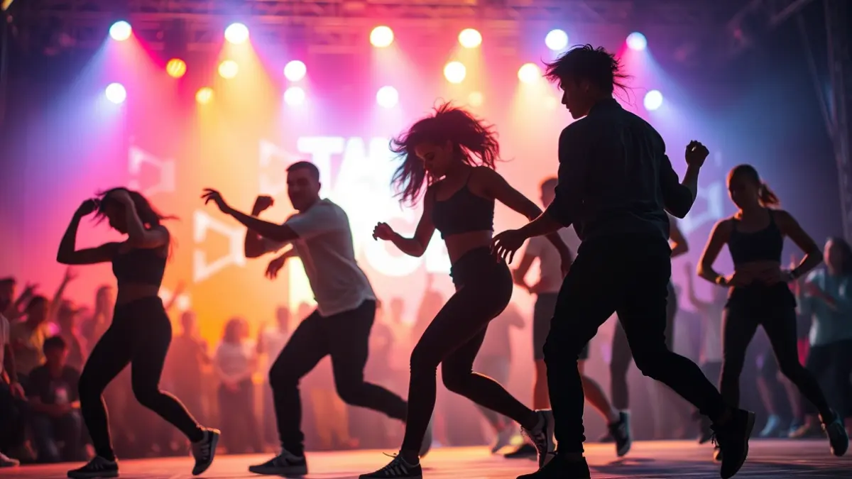Generic image of urban dancers on a stage, with colorful lights and dynamic movement.