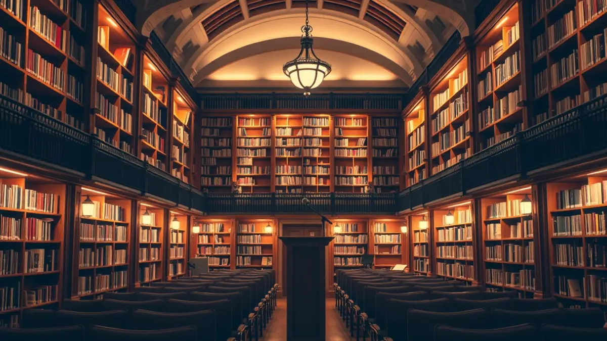 Imagen genérica de un interior de biblioteca con un podio y sillas, iluminado cálidamente.