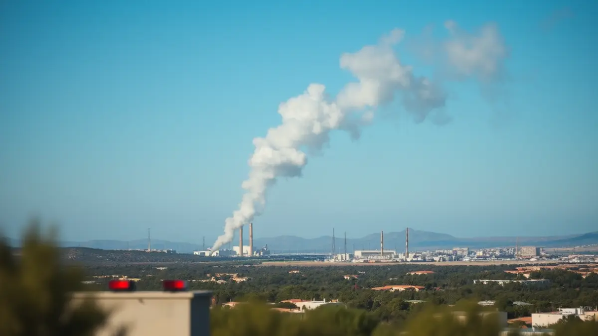 Imagen de humo elevándose sobre un polígono industrial con luces de emergencia borrosas.