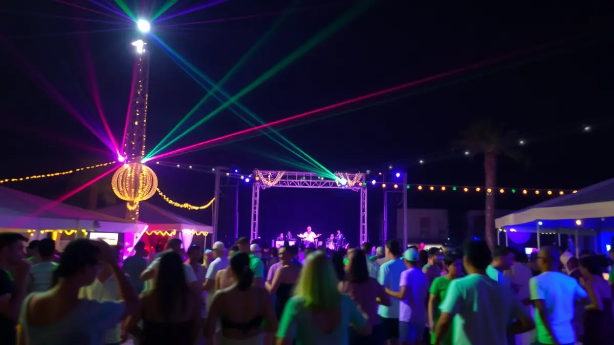 Imagen de un festival de música nocturno con luces de neón y gente bailando.
