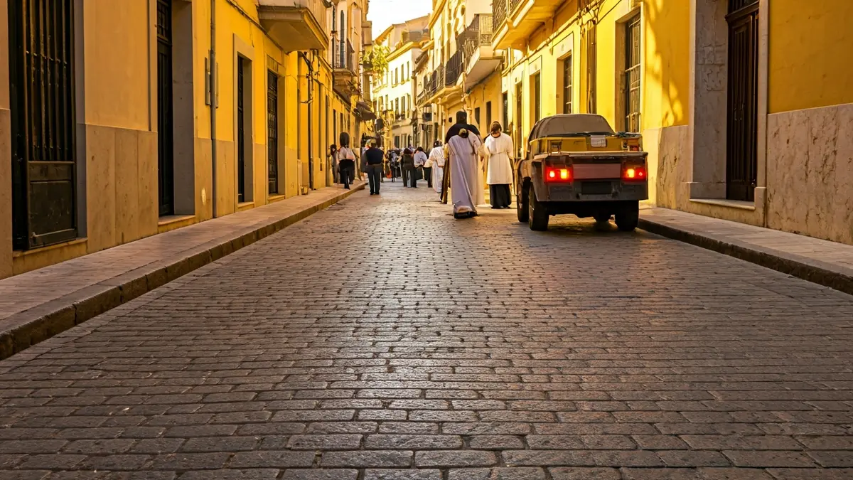 Image of a street in Vélez-Málaga with wax residue after Easter, being cleaned by municipal workers.