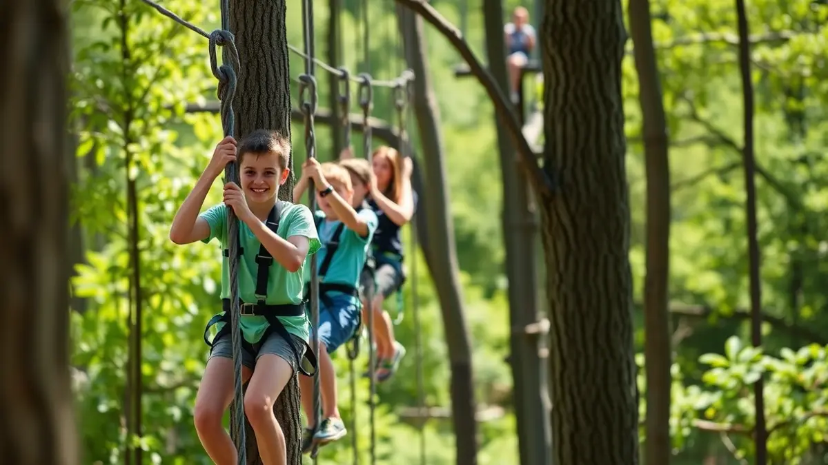 Jóvenes en un parque de aventura entre árboles.