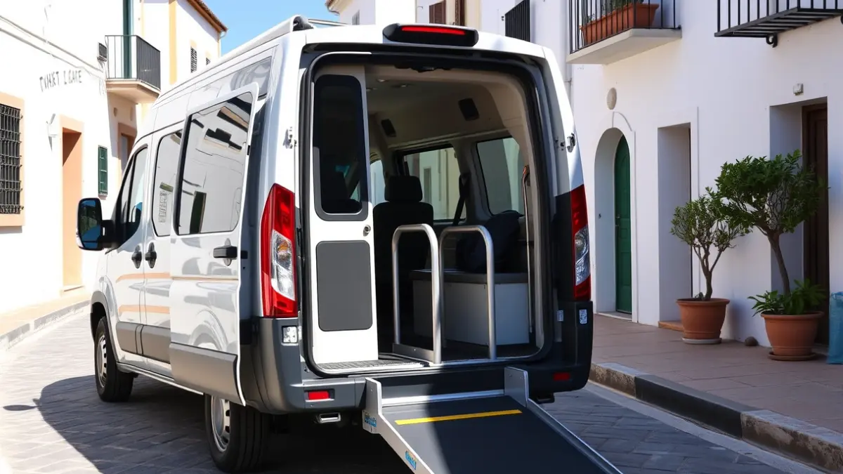 Imagen de un microbús moderno y accesible en una calle estrecha de Vélez-Málaga.