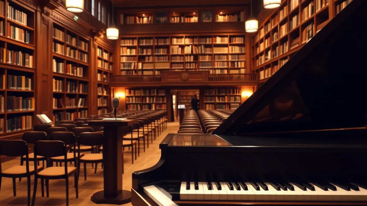 Generic image of a piano in an auditorium or concert hall, with warm lighting.