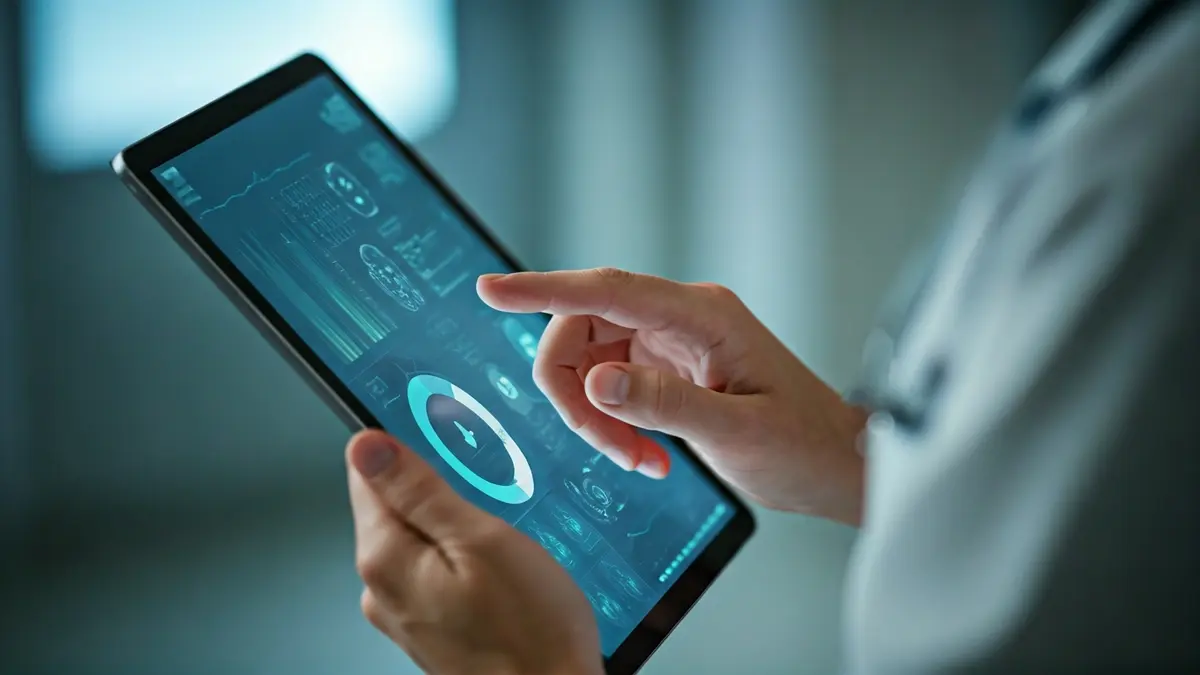 Generic image of a tablet screen with a medical diagnostic interface and a hand pointing.