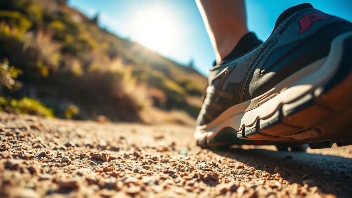 Generic image of a trail running shoe on a mountain path.