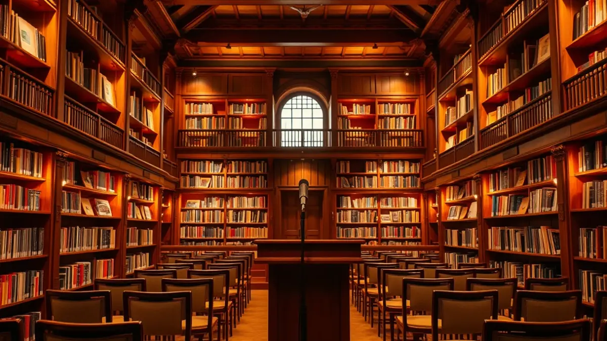 Imagen genérica de un auditorio o sala de lectura, con un micrófono en un podio y sillas vacías, evocando un evento literario.
