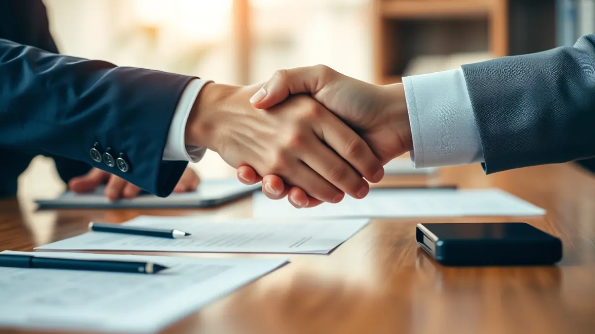 Imagen genérica de un acuerdo o reunión oficial, con manos estrechándose sobre una mesa.