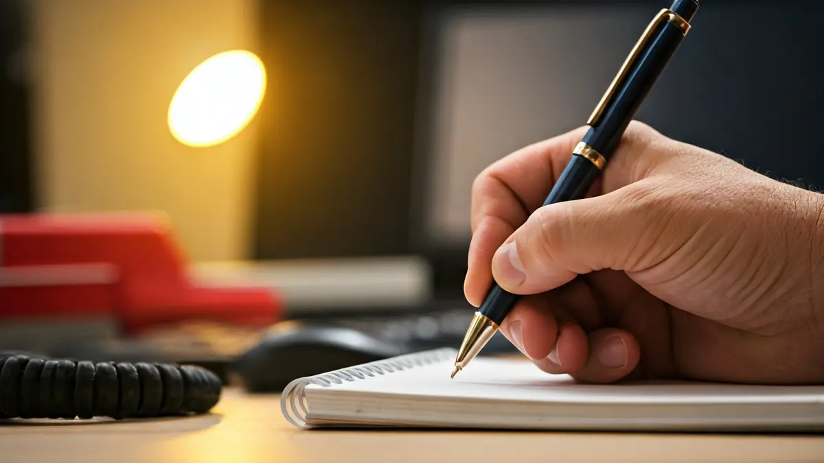 Imagen de una mano escribiendo en un bloc de notas, con equipos de emergencia borrosos al fondo.