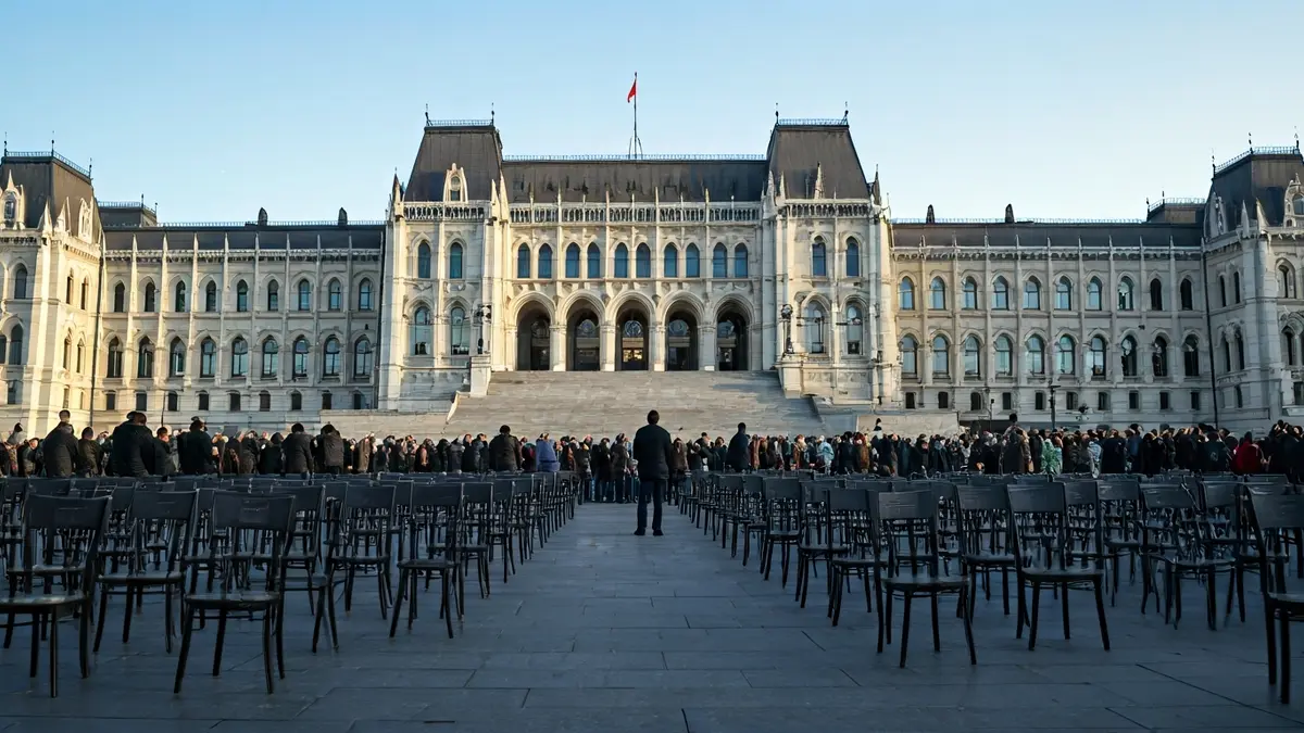 Imagen de sillas vacías frente a un edificio parlamentario, representando una protesta por las víctimas de un accidente ferroviario.