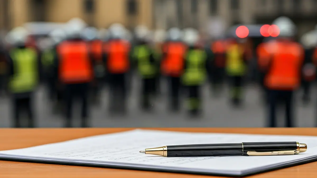 Imagen de un bolígrafo y papel sobre un escritorio, con personal de emergencia borroso al fondo, simbolizando la gestión manual de una crisis.