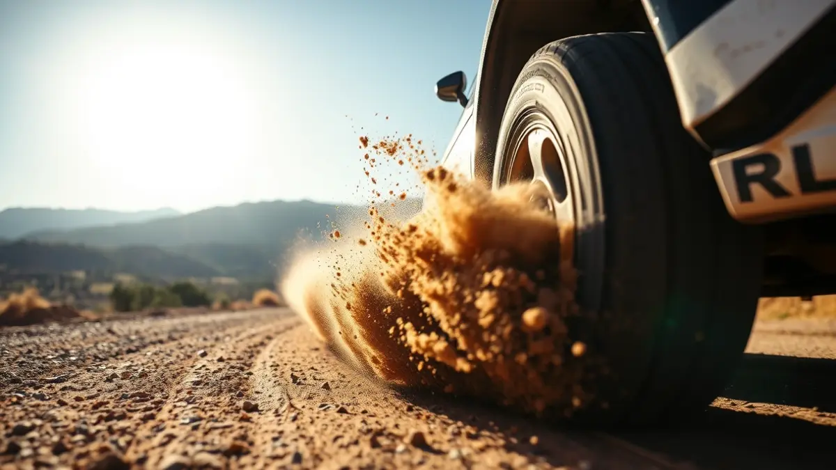 Imagen genérica de un coche de rally en acción, levantando polvo en una pista de tierra.