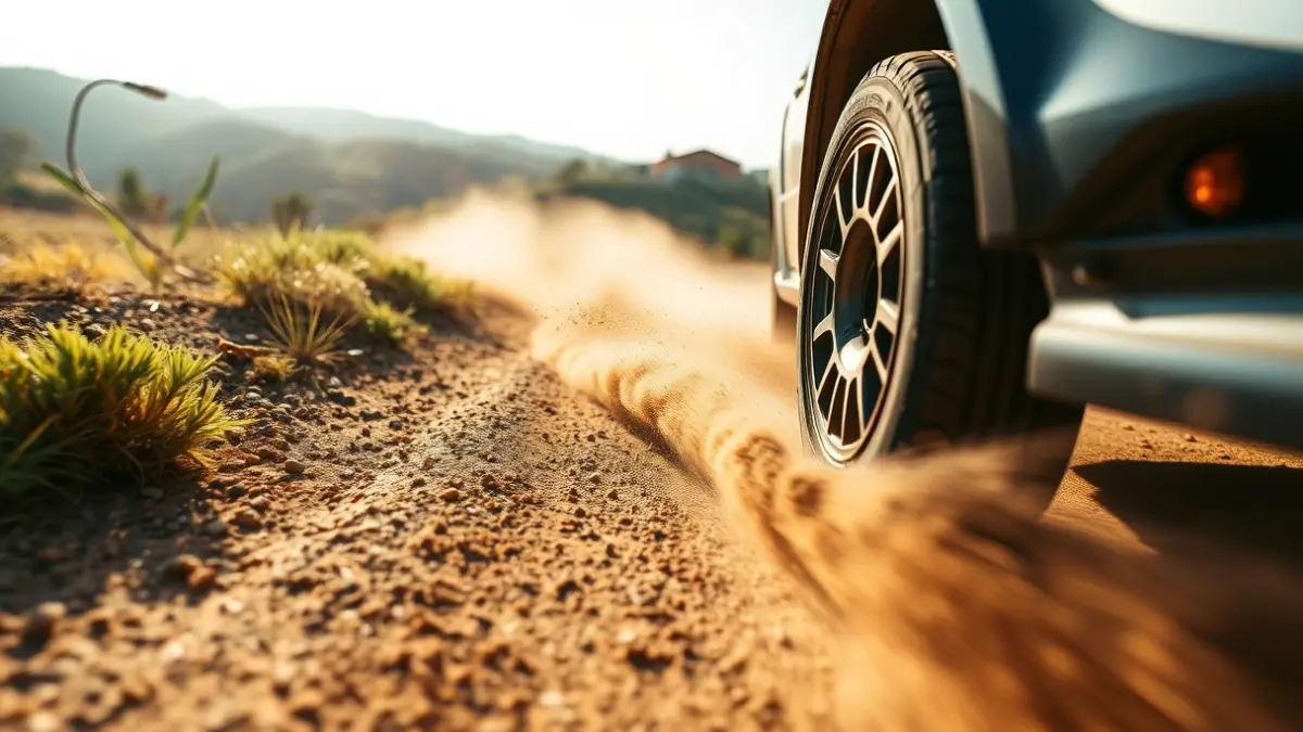 Generic image of a rally car in action, kicking up dust on a dirt track.