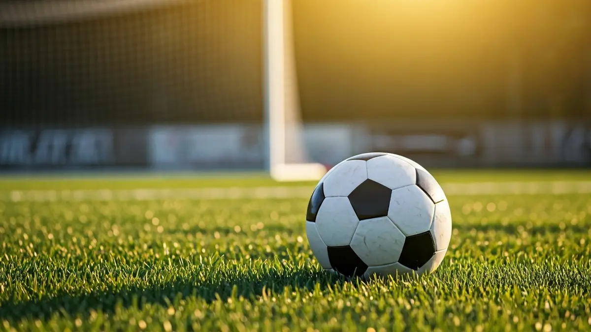 Generic image of a soccer ball on grass, with a blurred goal in the background.