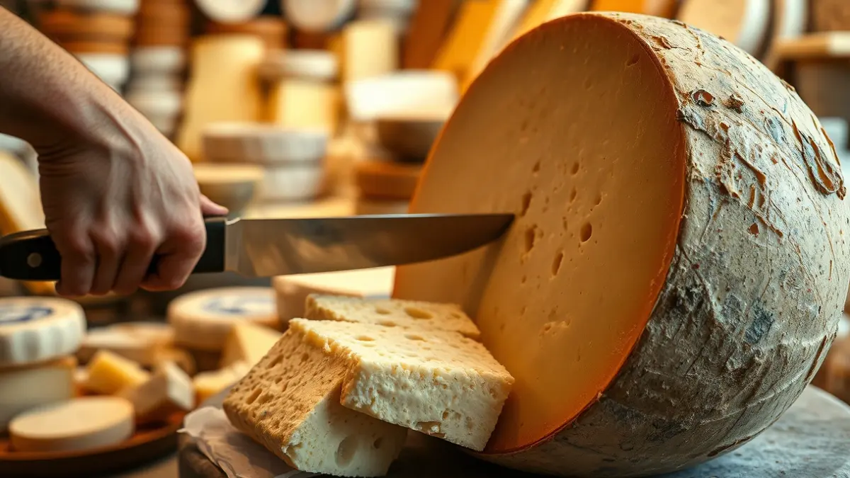 Image of a large cheese tapa being cut at a gastronomic event.
